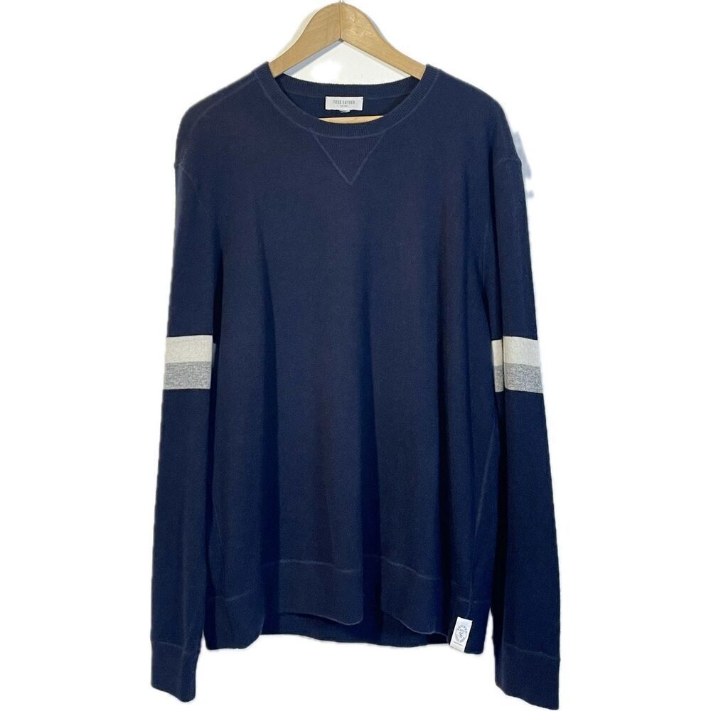 Todd Snyder Arm Stripe 100% Cashmere Crew Neck SWEATER Navy Blue Mens Size XL